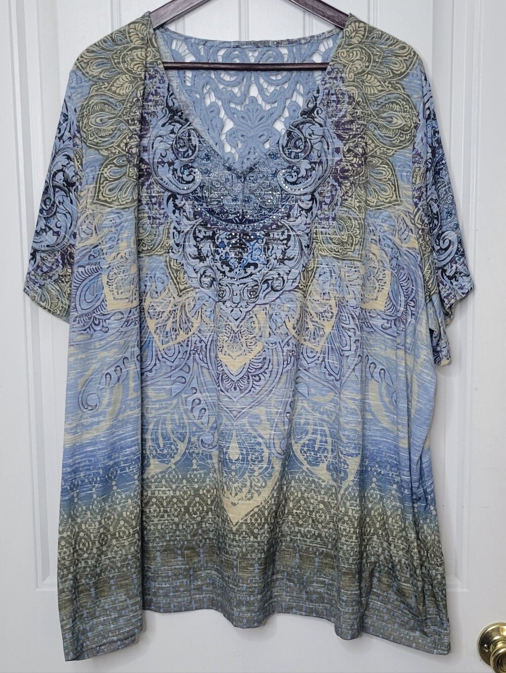 Catherines Blue Cream and Olive Paisley V-Neck Tunic